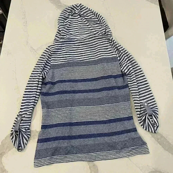 Michael Tyler Blue and White Striped Hooded Cardigan 3/4 Sleeve Women’s Small - Picture 3 of 3